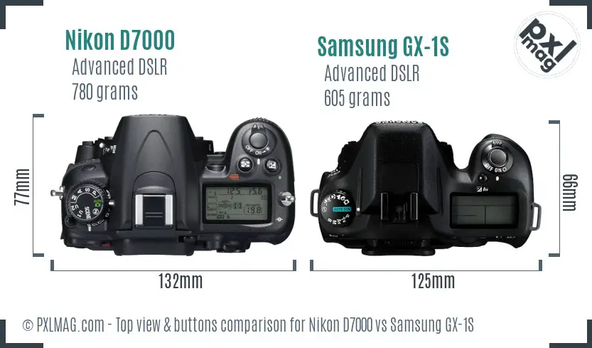 Nikon D7000 vs Samsung GX-1S top view buttons comparison