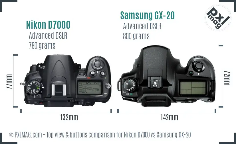 Nikon D7000 vs Samsung GX-20 top view buttons comparison