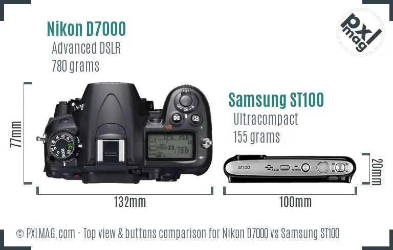 Nikon D7000 vs Samsung ST100 top view buttons comparison
