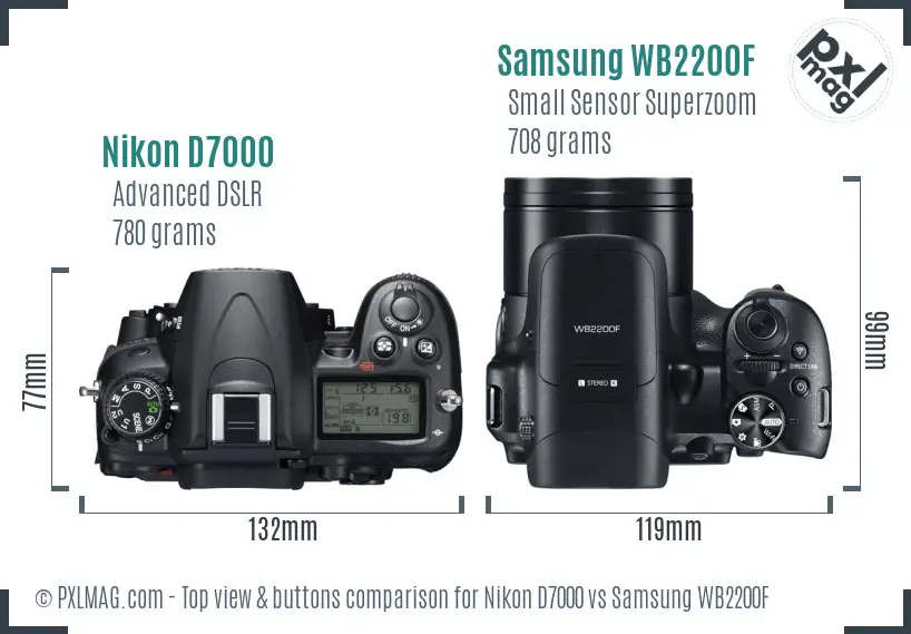 Nikon D7000 vs Samsung WB2200F top view buttons comparison