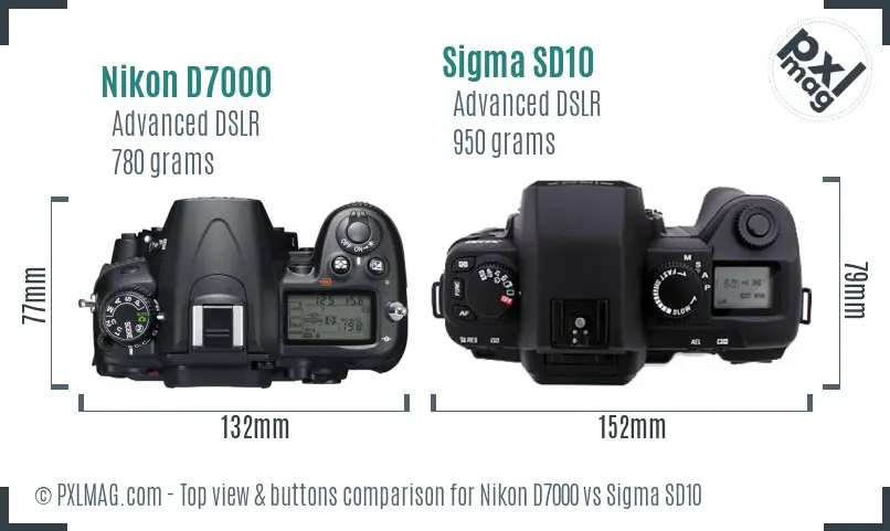 Nikon D7000 vs Sigma SD10 top view buttons comparison