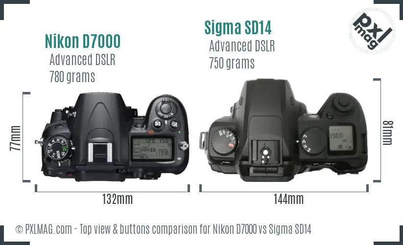 Nikon D7000 vs Sigma SD14 top view buttons comparison