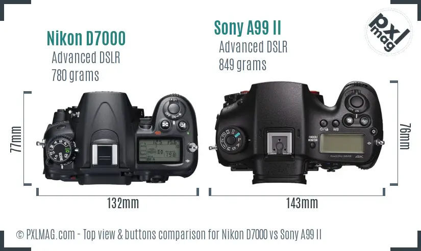 Nikon D7000 vs Sony A99 II top view buttons comparison
