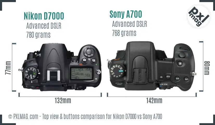 Nikon D7000 vs Sony A700 top view buttons comparison Nikon D7000 vs Sony A700 top view buttons comparison