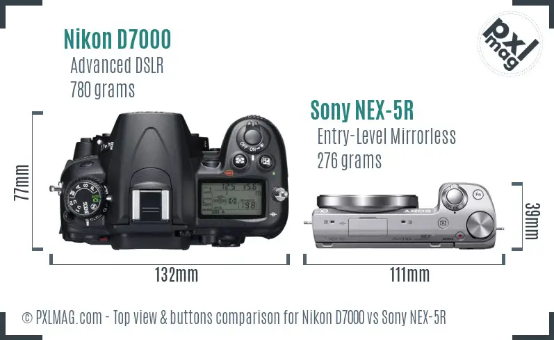 Nikon D7000 vs Sony NEX-5R top view buttons comparison