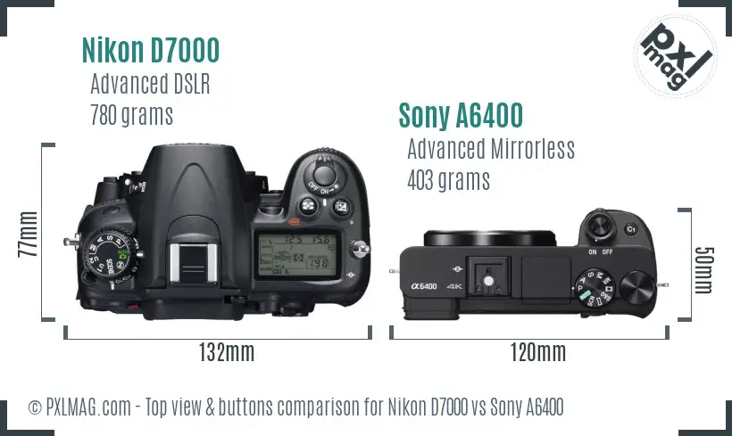 Nikon D7000 vs Sony A6400 top view buttons comparison Nikon D7000 vs Sony A6400 top view buttons comparison