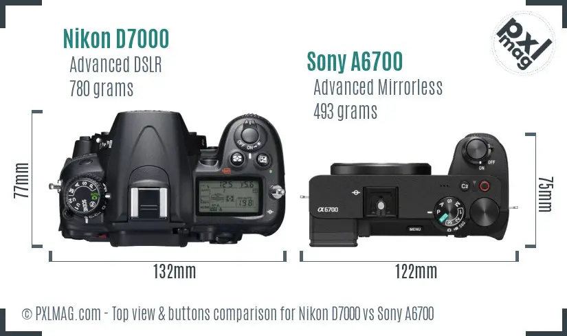 Nikon D7000 vs Sony A6700 top view buttons comparison Nikon D7000 vs Sony A6700 top view buttons comparison