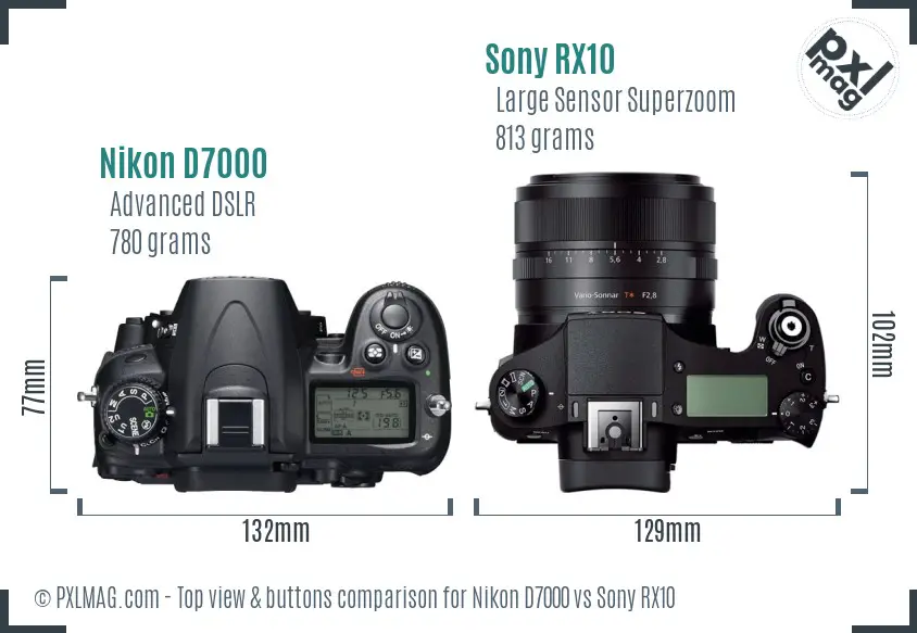 Nikon D7000 vs Sony RX10 top view buttons comparison Nikon D7000 vs Sony RX10 top view buttons comparison