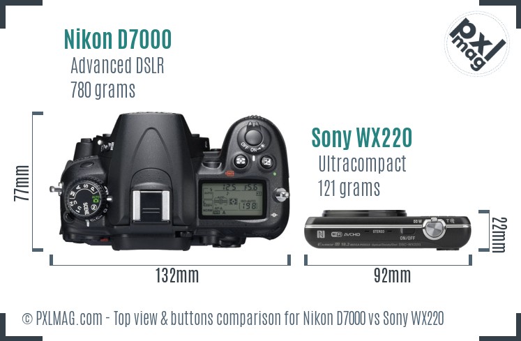 Nikon D7000 vs Sony WX220 top view buttons comparison