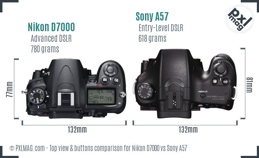 Nikon D7000 vs Sony A57 top view buttons comparison