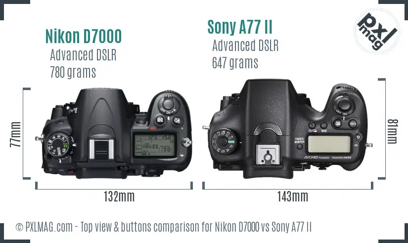Nikon D7000 vs Sony A77 II top view buttons comparison