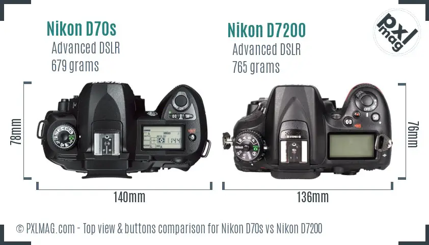 Nikon D70s vs Nikon D7200 top view buttons comparison