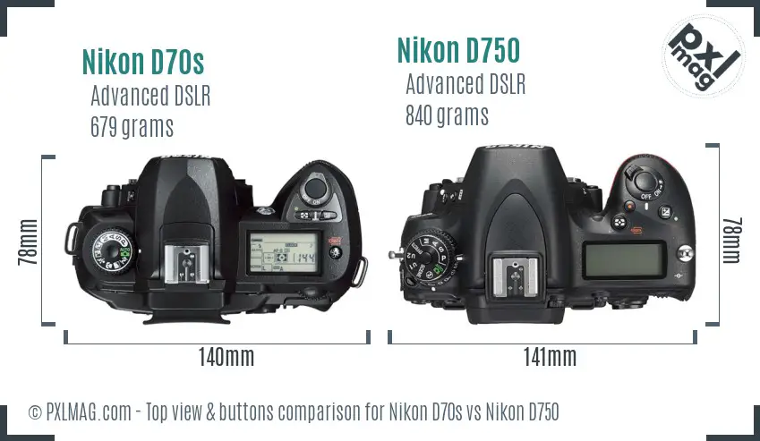 Nikon D70s vs Nikon D750 top view buttons comparison