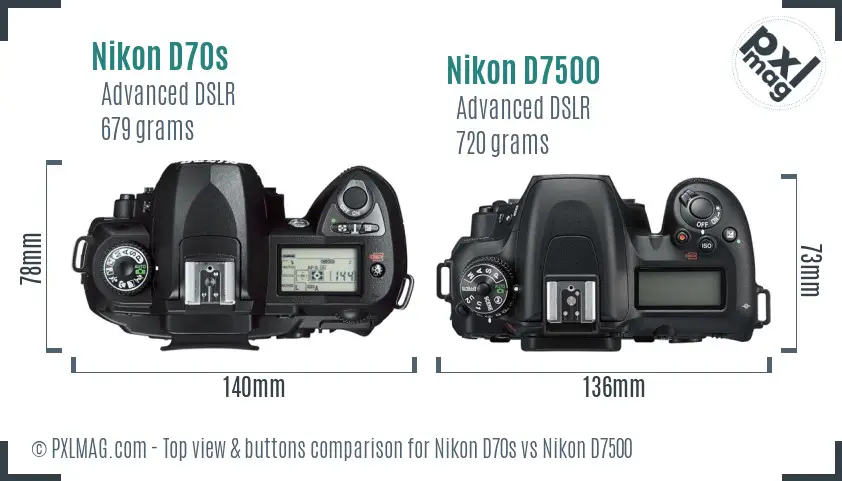 Nikon D70s vs Nikon D7500 top view buttons comparison