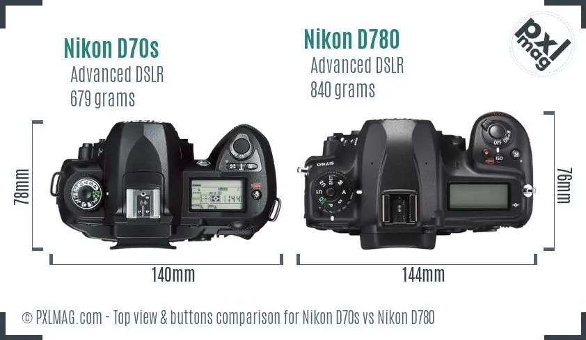 Nikon D70s vs Nikon D780 top view buttons comparison