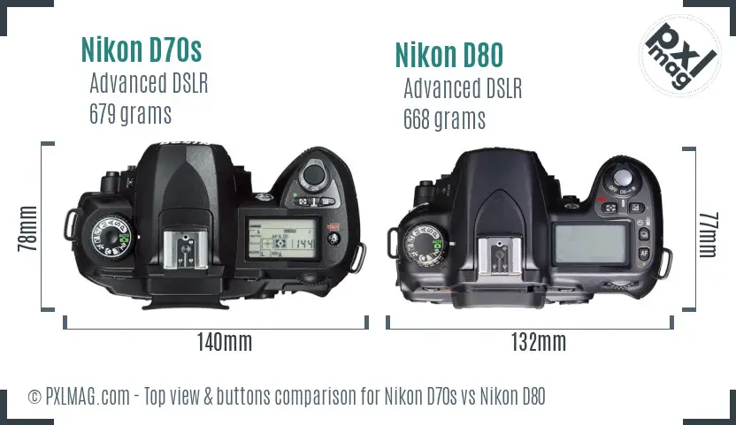 Nikon D70s vs Nikon D80 top view buttons comparison