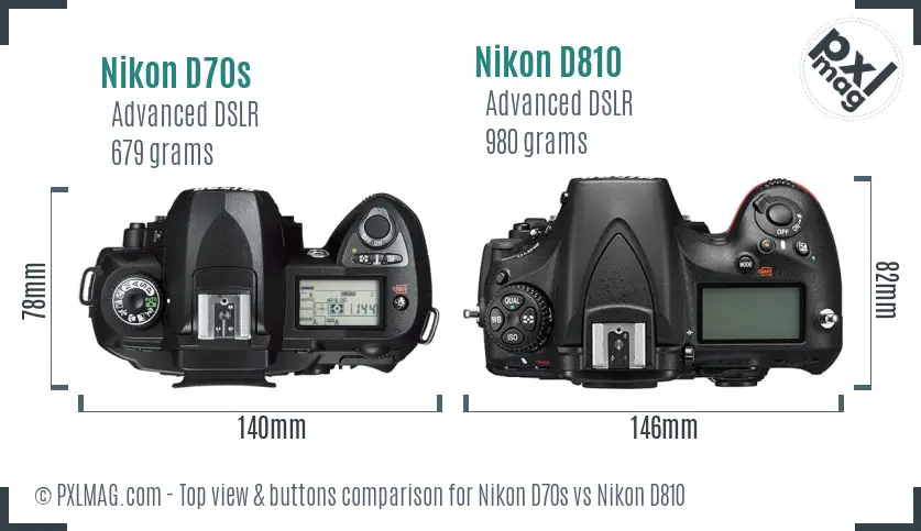 Nikon D70s vs Nikon D810 top view buttons comparison Nikon D70s vs Nikon D810 top view buttons comparison