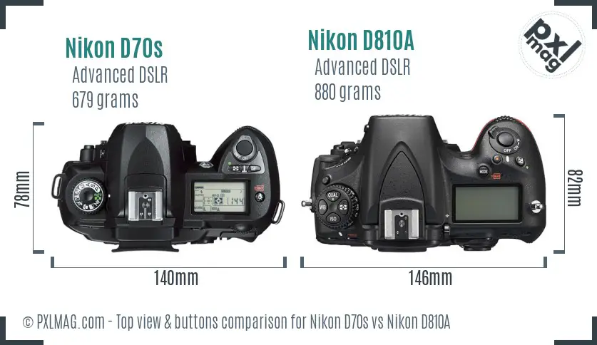 Nikon D70s vs Nikon D810A top view buttons comparison