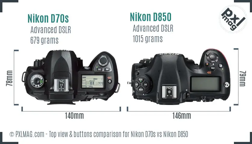 Nikon D70s vs Nikon D850 top view buttons comparison