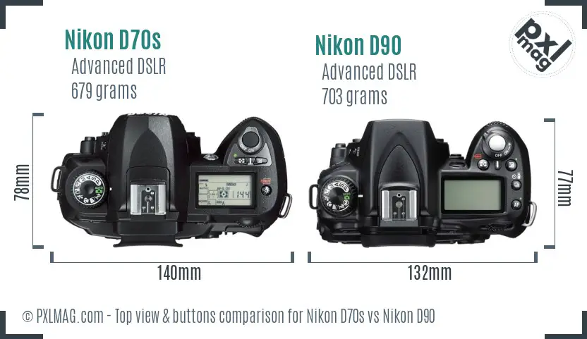 Nikon D70s vs Nikon D90 top view buttons comparison