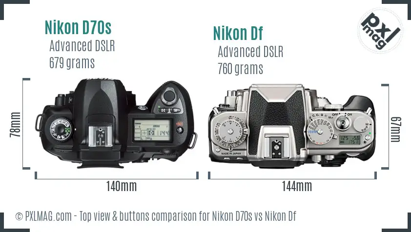Nikon D70s vs Nikon Df top view buttons comparison
