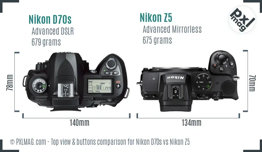 Nikon D70s vs Nikon Z5 top view buttons comparison