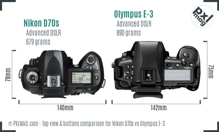 Nikon D70s vs Olympus E-3 top view buttons comparison