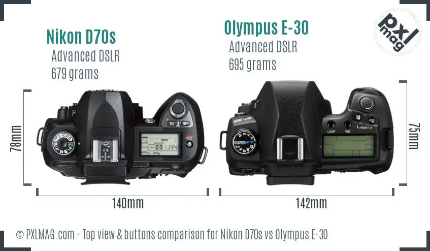 Nikon D70s vs Olympus E-30 top view buttons comparison