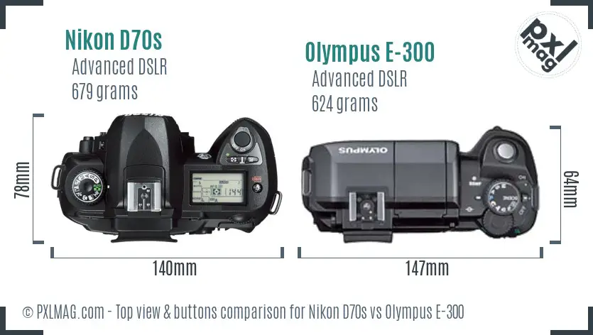 Nikon D70s vs Olympus E-300 top view buttons comparison
