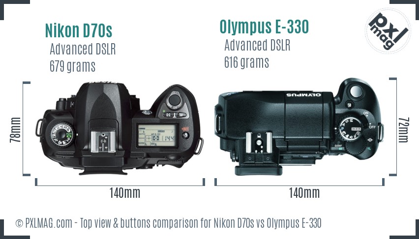 Nikon D70s vs Olympus E-330 top view buttons comparison