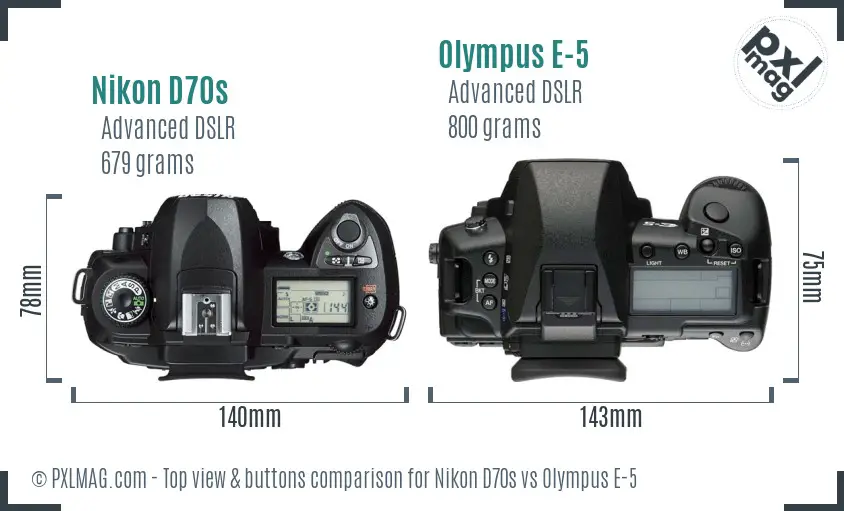Nikon D70s vs Olympus E-5 top view buttons comparison