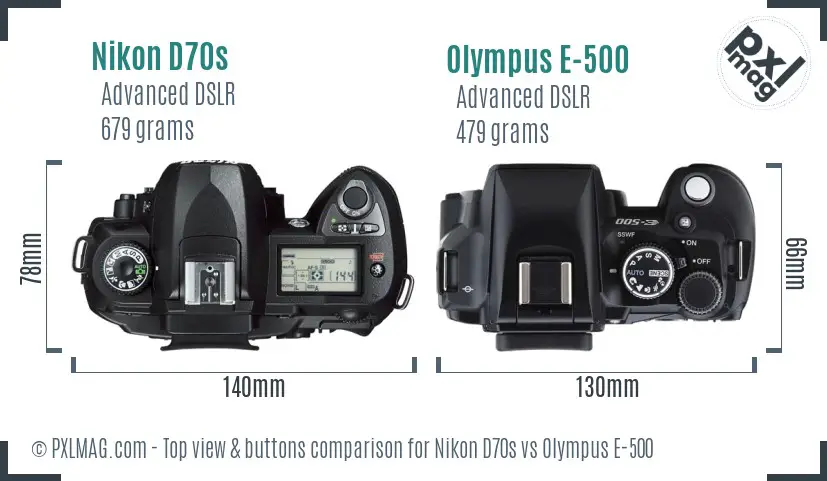 Nikon D70s vs Olympus E-500 top view buttons comparison