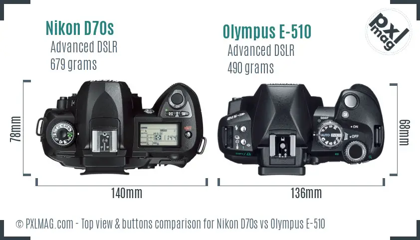 Nikon D70s vs Olympus E-510 top view buttons comparison