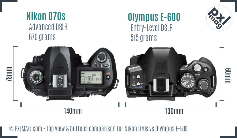 Nikon D70s vs Olympus E-600 top view buttons comparison