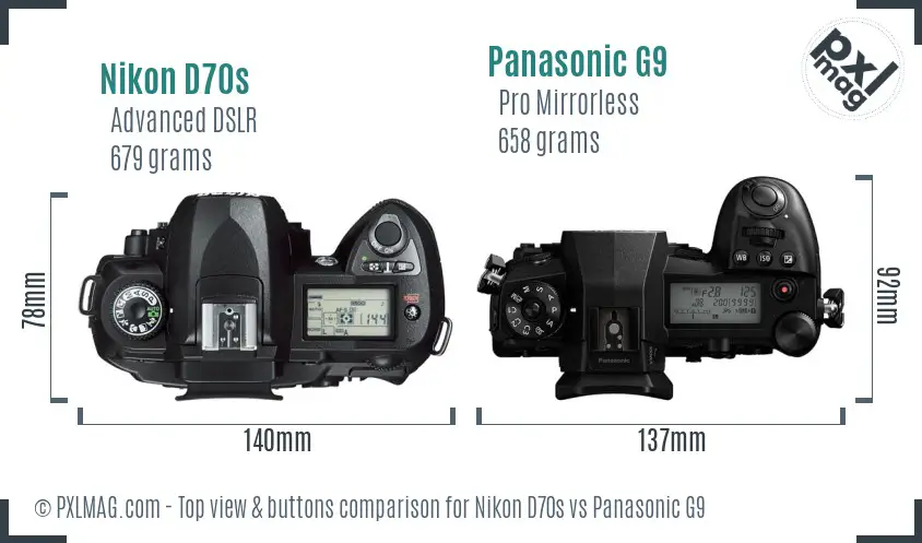 Nikon D70s vs Panasonic G9 top view buttons comparison