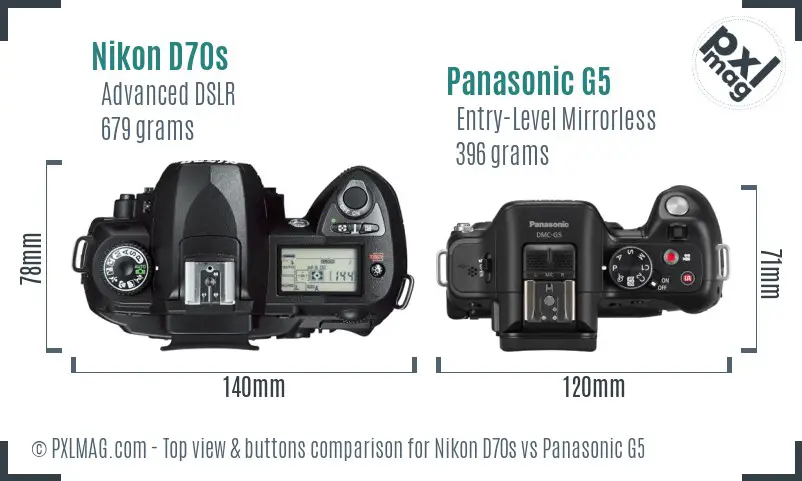 Nikon D70s vs Panasonic G5 top view buttons comparison