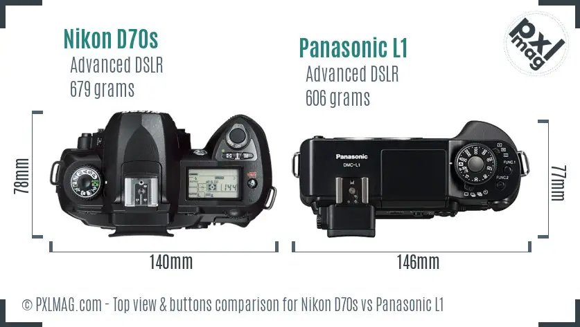 Nikon D70s vs Panasonic L1 top view buttons comparison