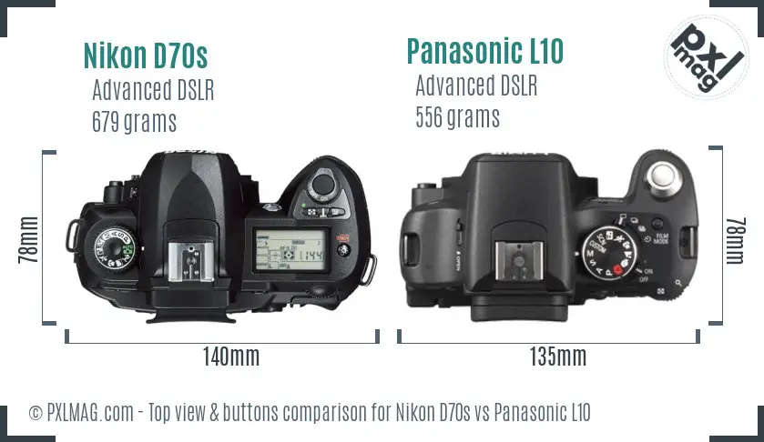 Nikon D70s vs Panasonic L10 top view buttons comparison