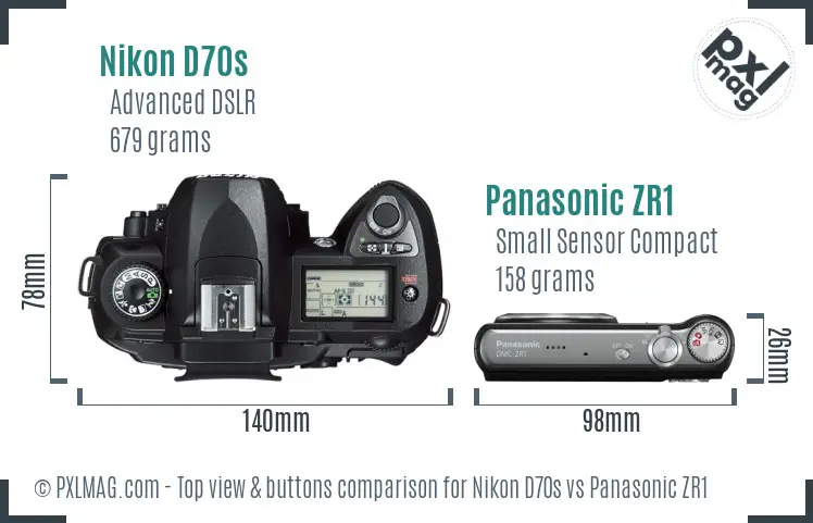 Nikon D70s vs Panasonic ZR1 top view buttons comparison