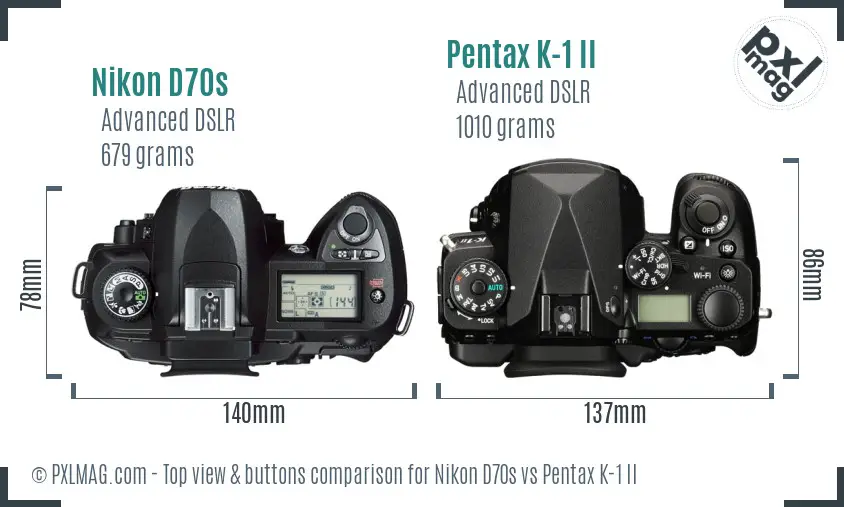 Nikon D70s vs Pentax K-1 II top view buttons comparison