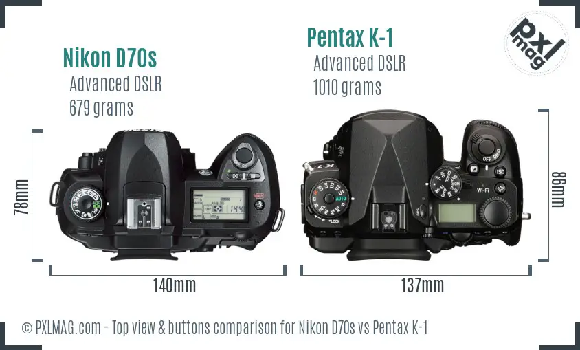 Nikon D70s vs Pentax K-1 top view buttons comparison