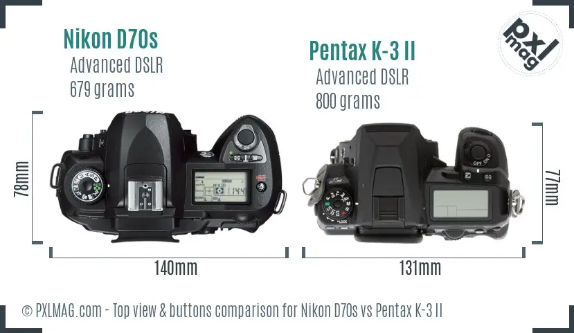 Nikon D70s vs Pentax K-3 II top view buttons comparison