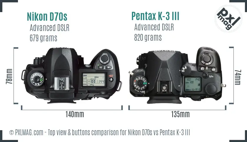 Nikon D70s vs Pentax K-3 III top view buttons comparison