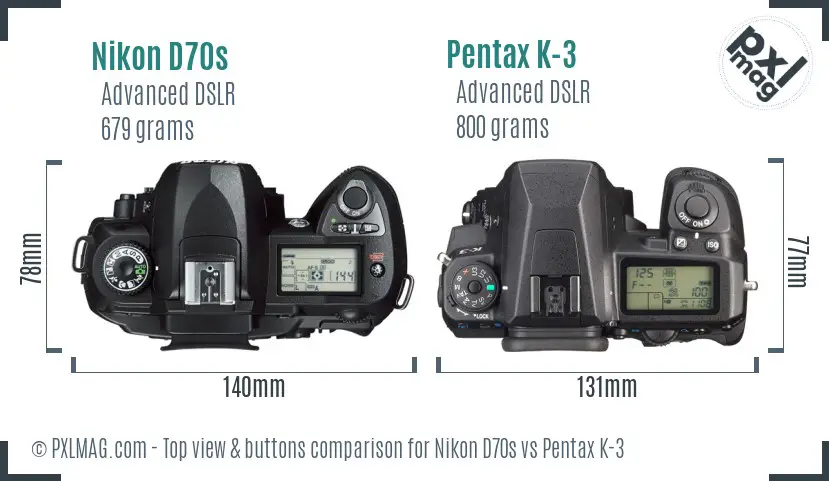 Nikon D70s vs Pentax K-3 top view buttons comparison