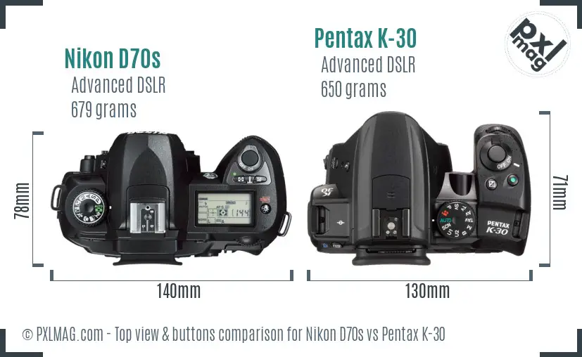 Nikon D70s vs Pentax K-30 top view buttons comparison