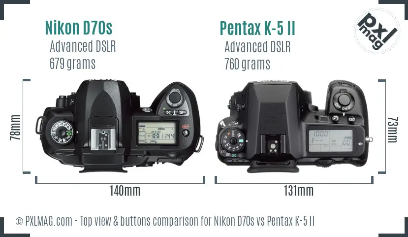 Nikon D70s vs Pentax K-5 II top view buttons comparison