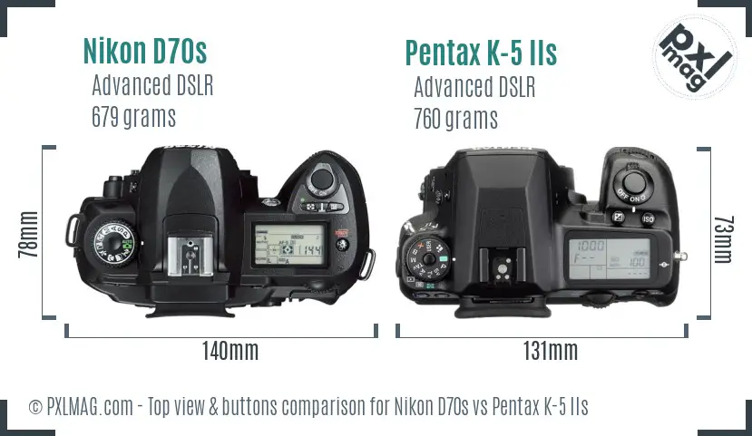 Nikon D70s vs Pentax K-5 IIs top view buttons comparison