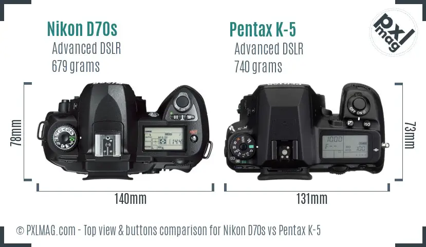 Nikon D70s vs Pentax K-5 top view buttons comparison