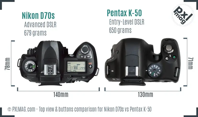 Nikon D70s vs Pentax K-50 top view buttons comparison