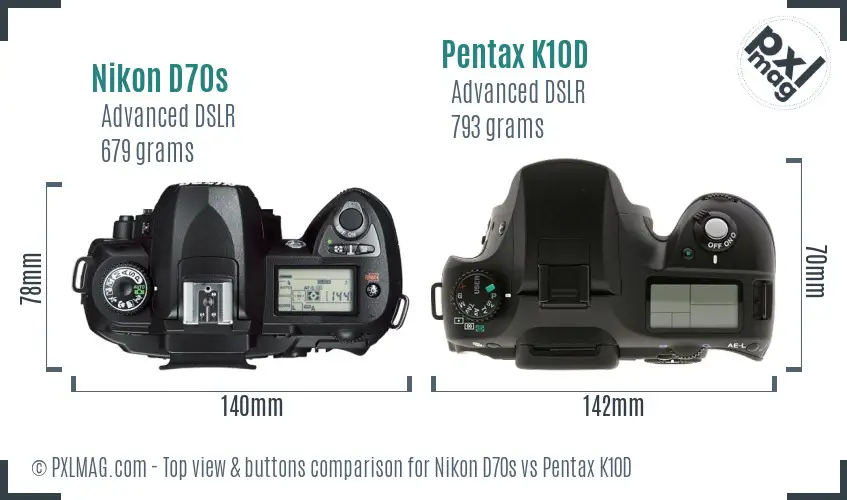 Nikon D70s vs Pentax K10D top view buttons comparison